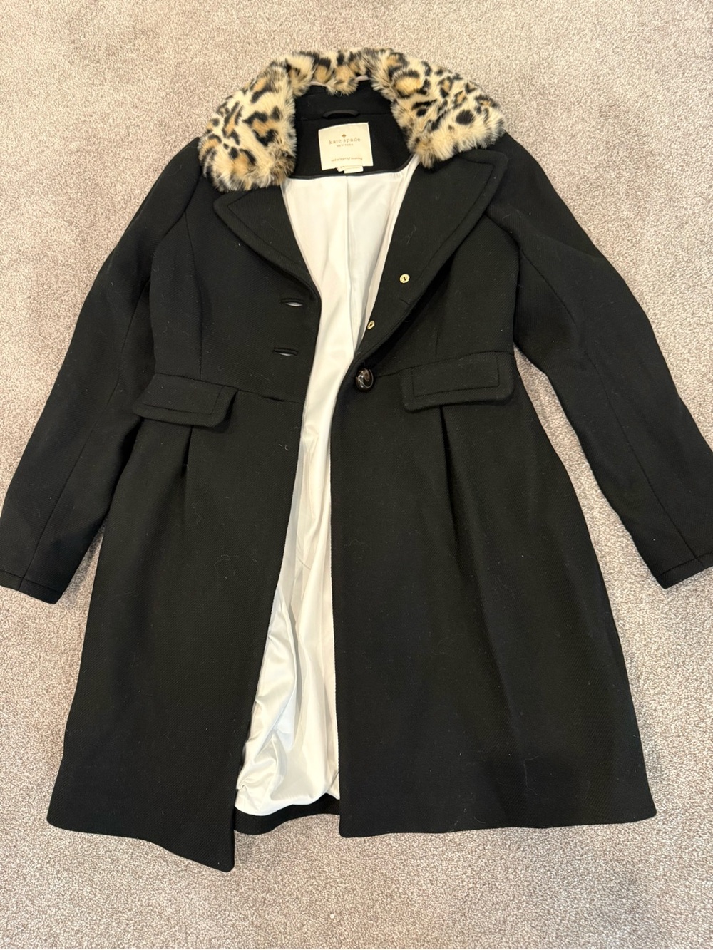 kate spade Black Wool Trench Coat with Leopard Faux-Fur Collar